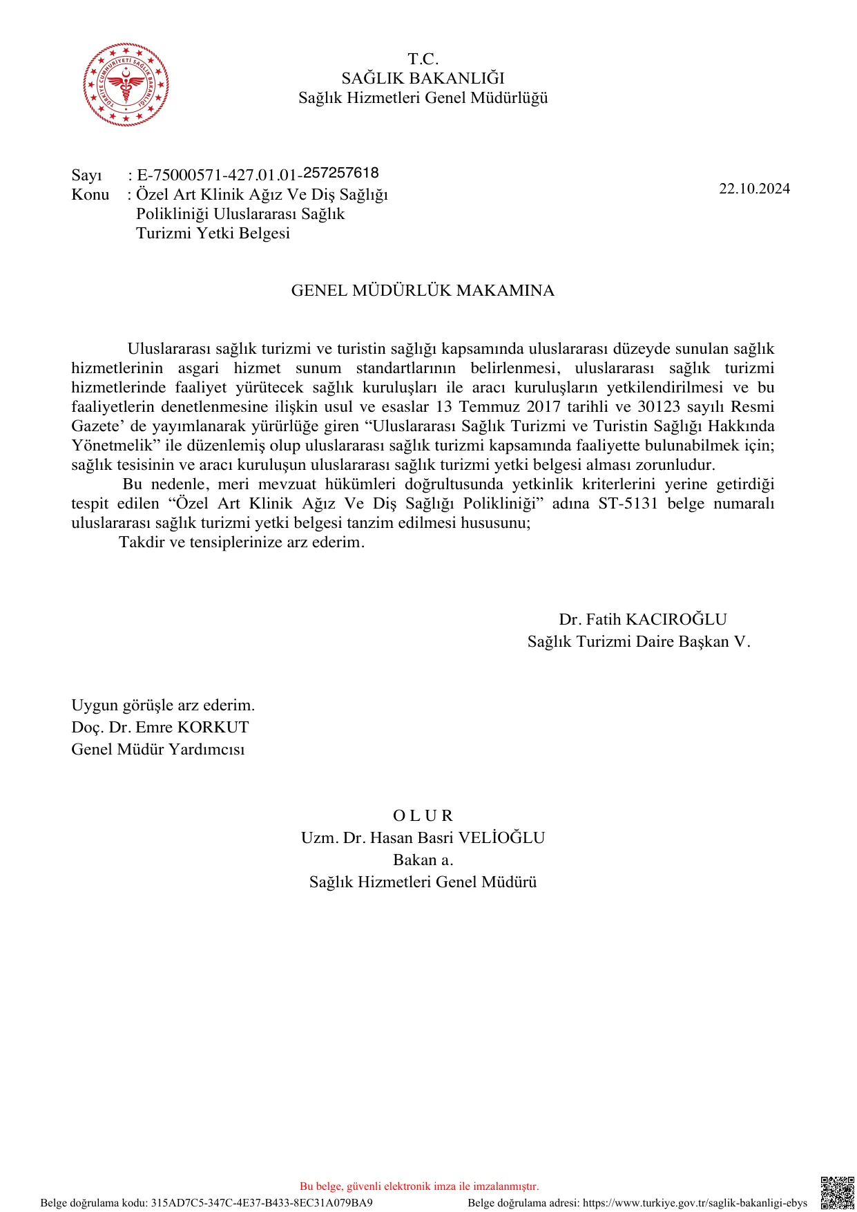 Özel Art Klinik Uluslararası Sağlık Turizmi Yetki Belgesinin ilk sayfası